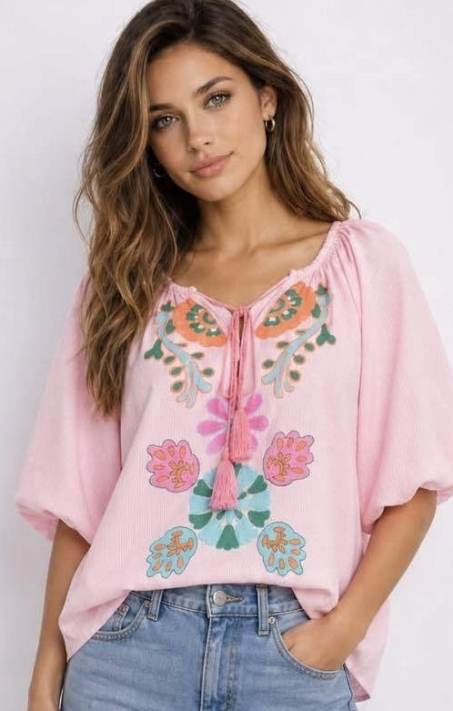 Qnuz 9396 Boheme shirt embrodery rosa