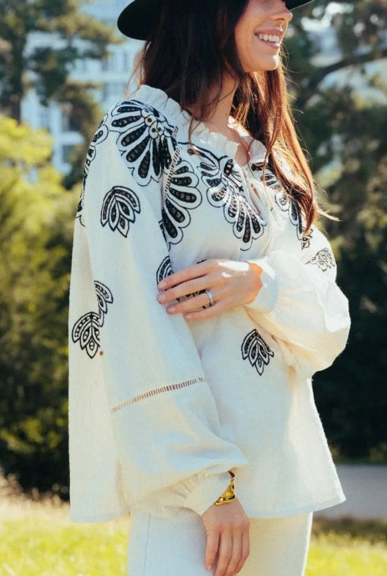 QNUZ 9249 Embrodery skjorte black white