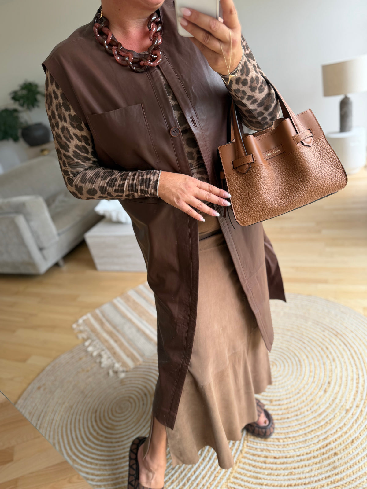Depeche 51470 leather Eliza long vest coffee