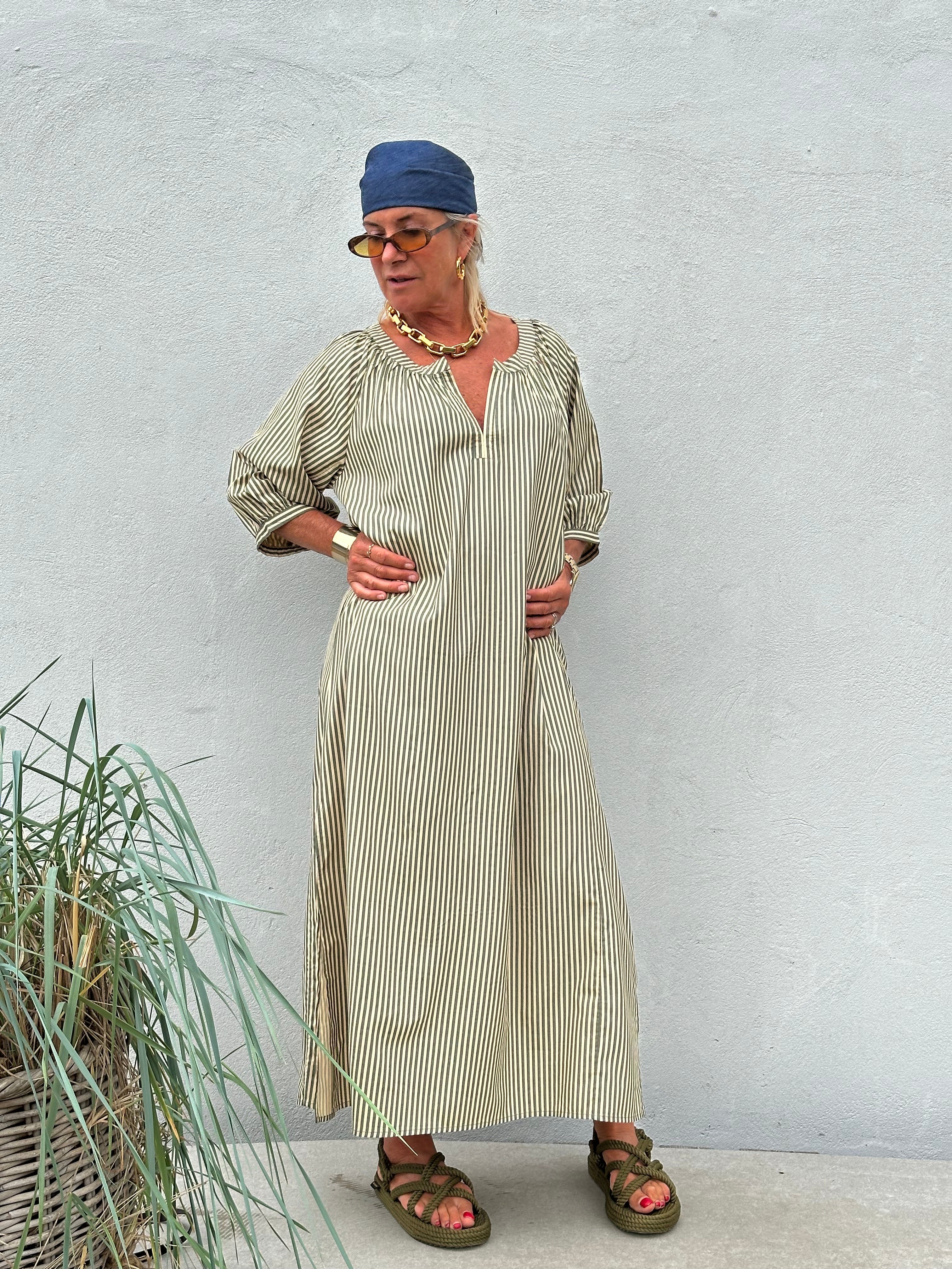 Gaspar 2607703 Athen dress stripe olive green