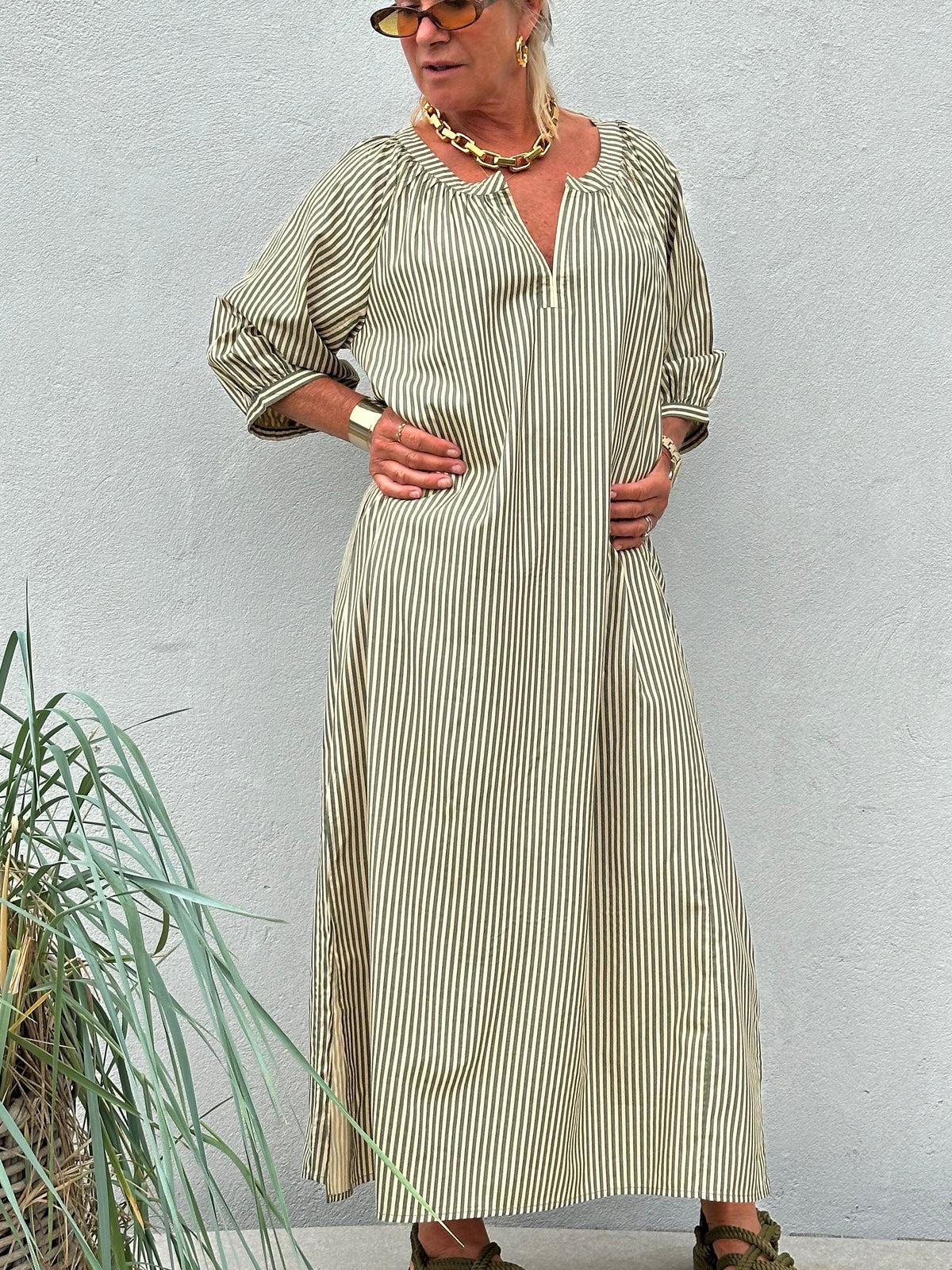Gaspar 2607703 Athen dress stripe olive green