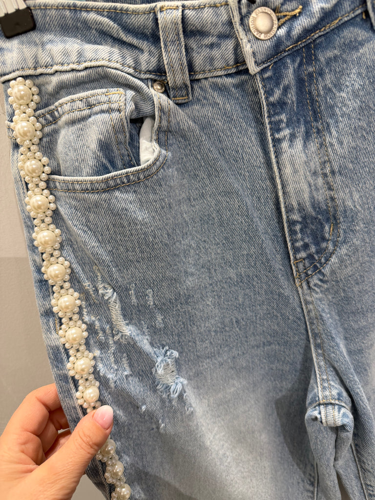 Qnuz 9254 denim jeans Ribbon & Pearls