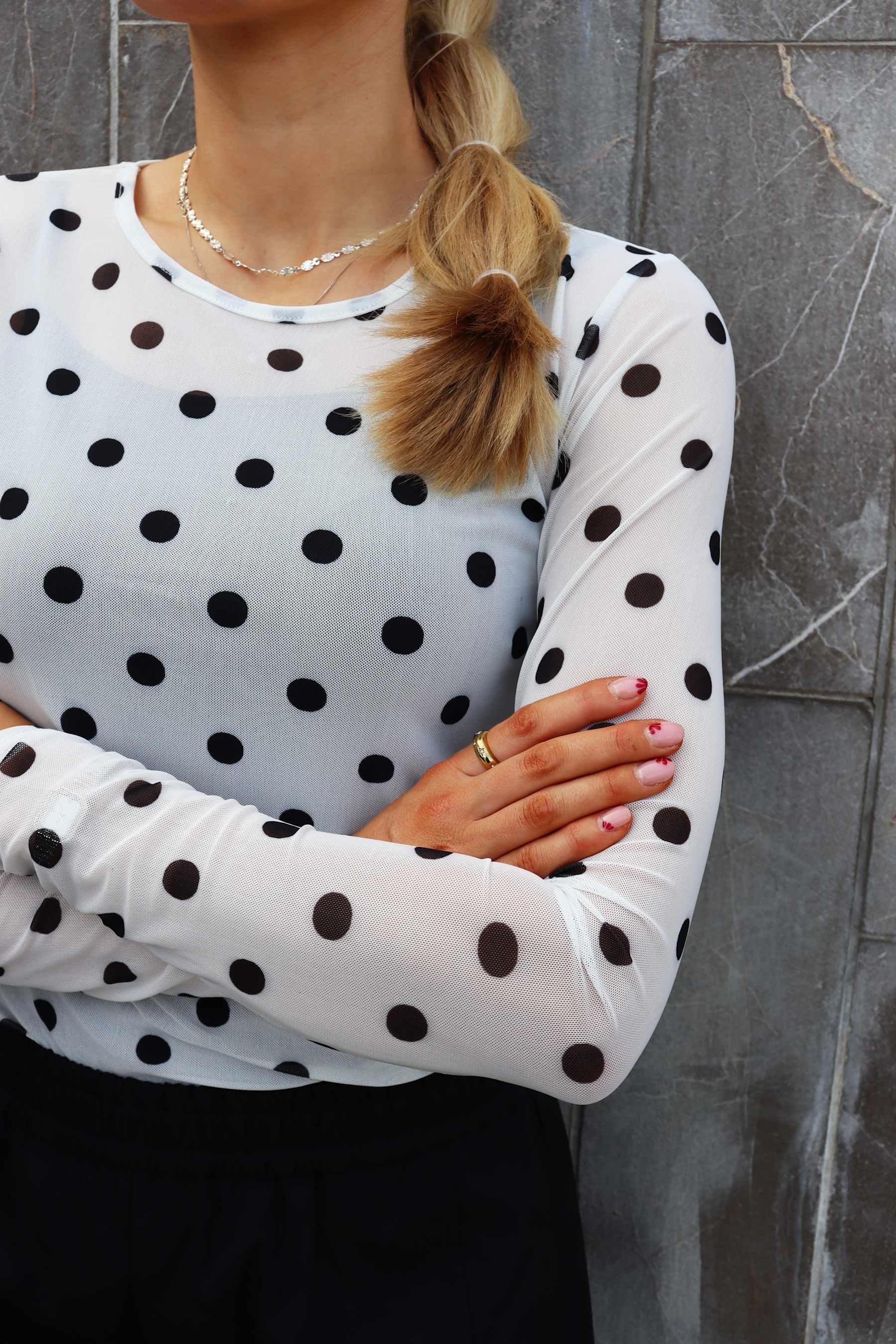 Liberte 22065 mesh LS T-shirt white BIG dot