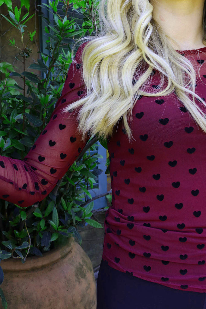 Liberte 22119 mesh long LS dress bordeaux flower