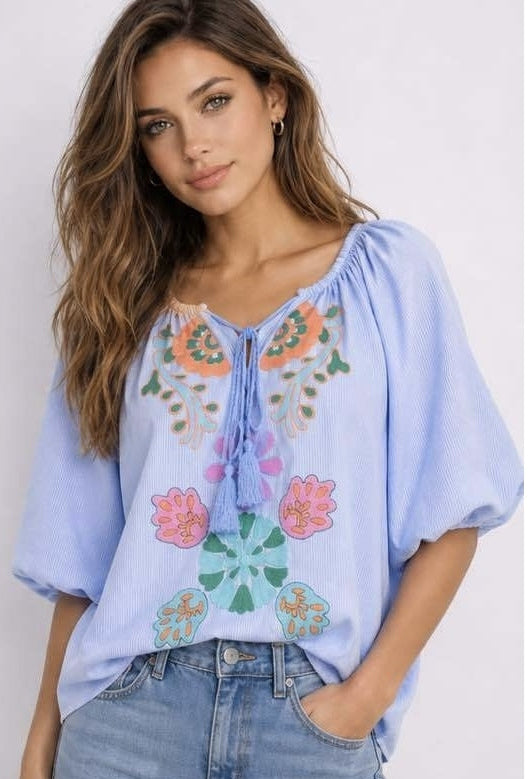 Qnuz 9396 Boheme shirt embrodery blue
