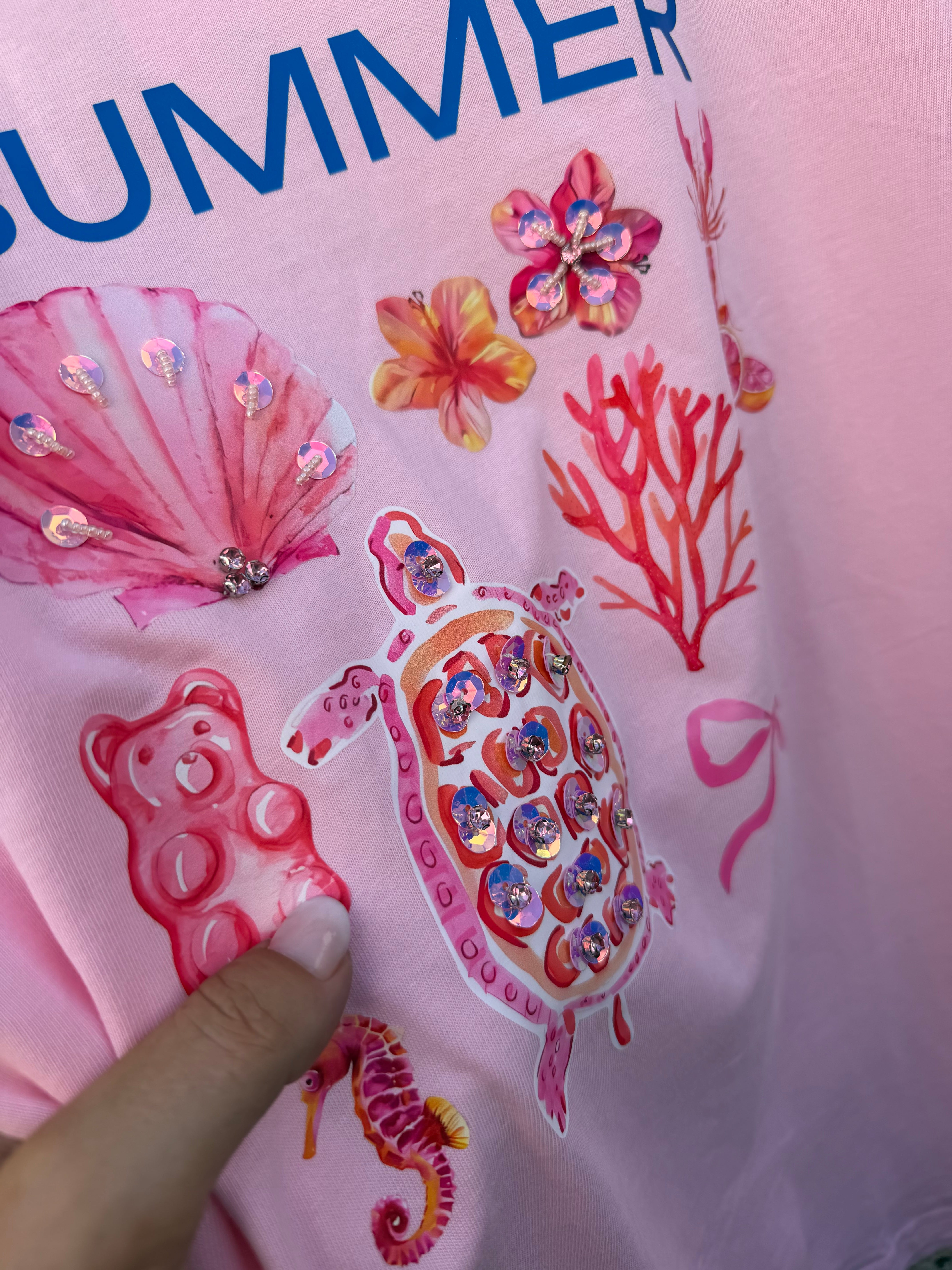 Summer T-shirt lobster sequins light pink