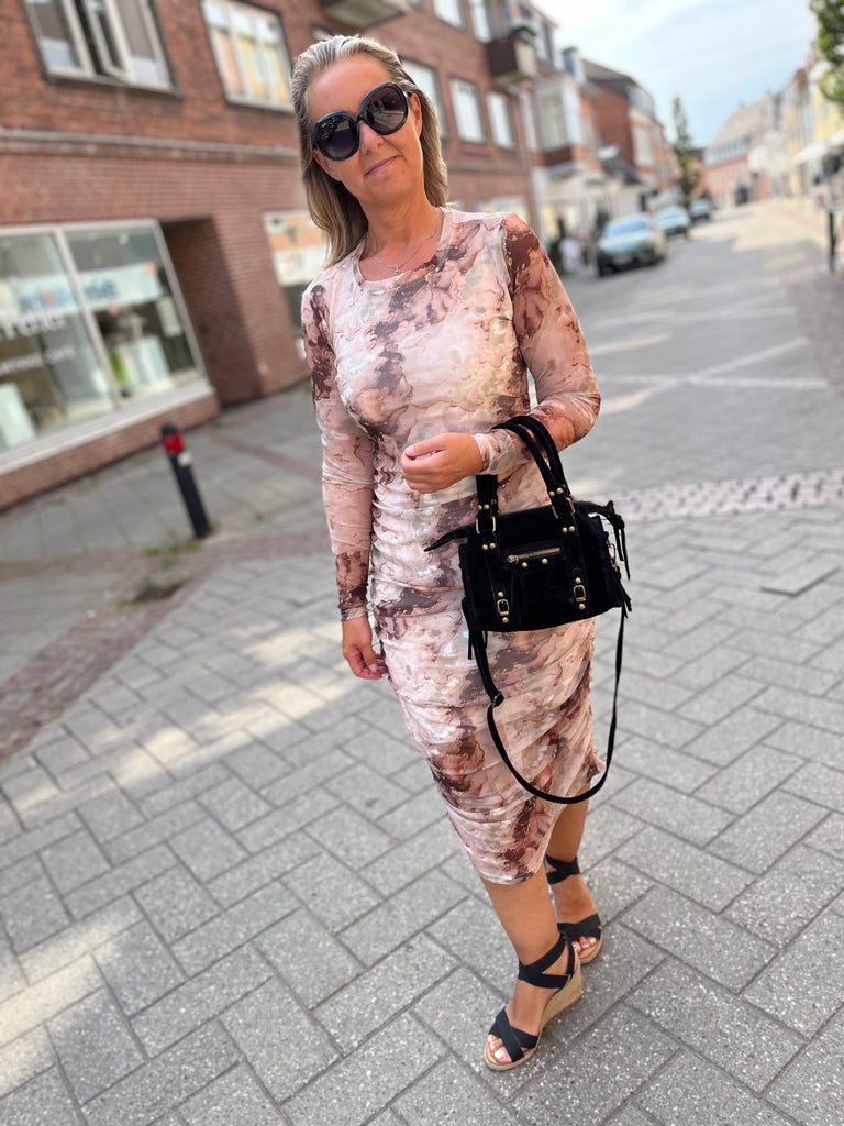 Liberte 22119 mesh long LS dress brown gold