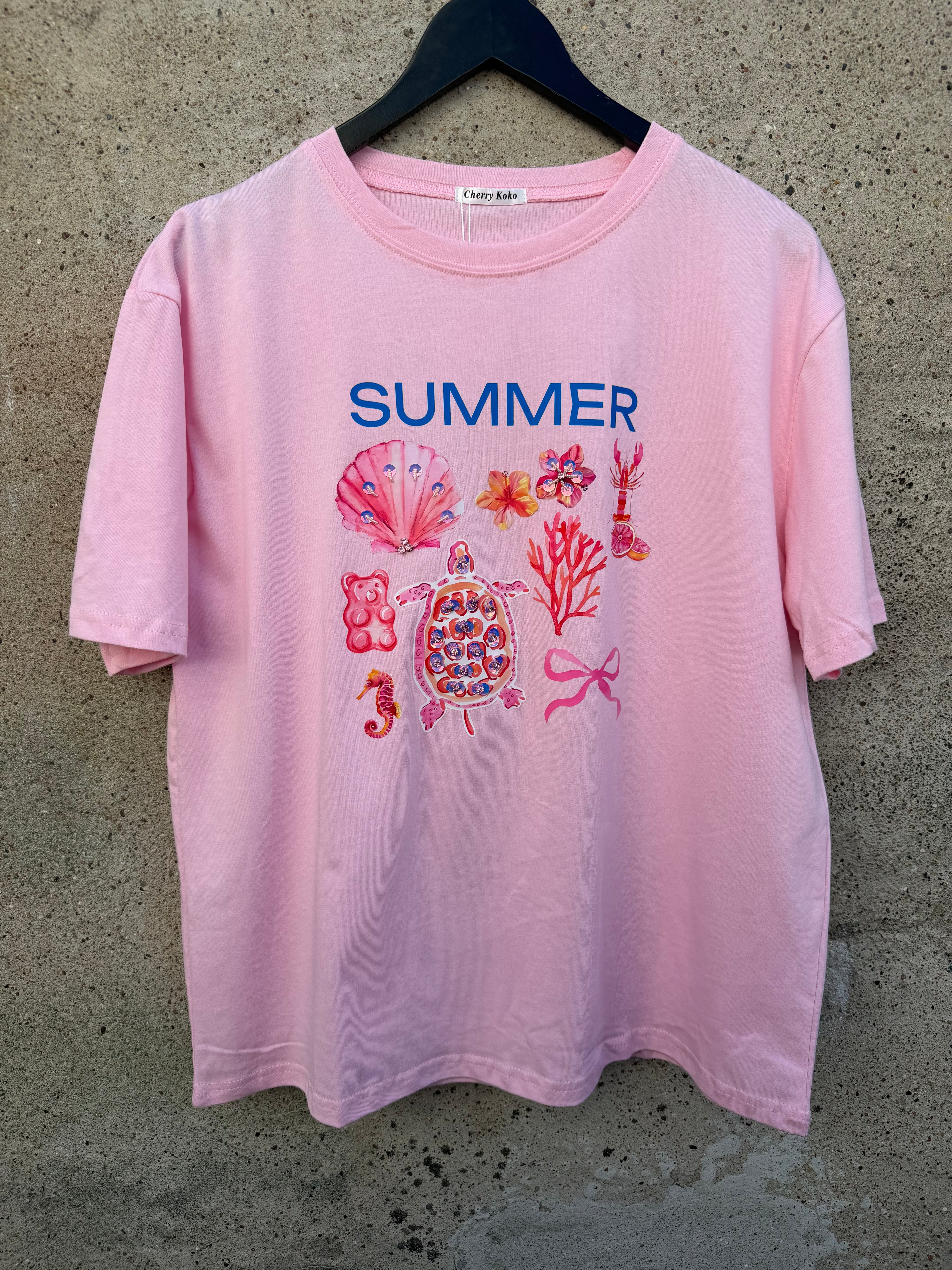 Summer T-shirt lobster sequins light pink