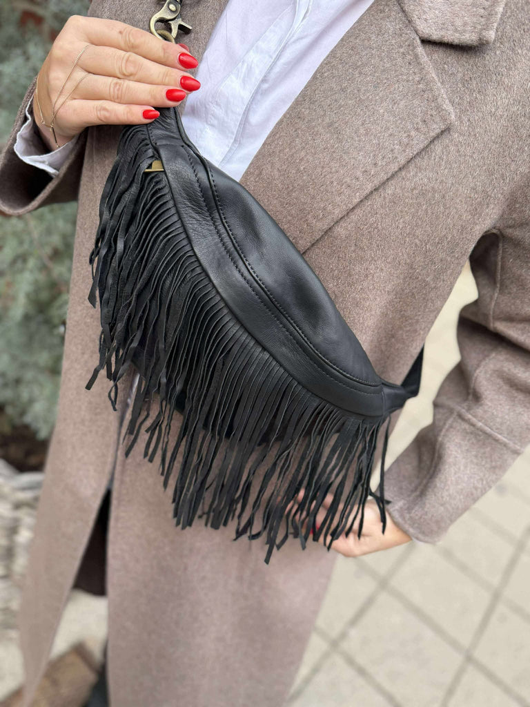 Depeche 16658 bum bag leather fringes black