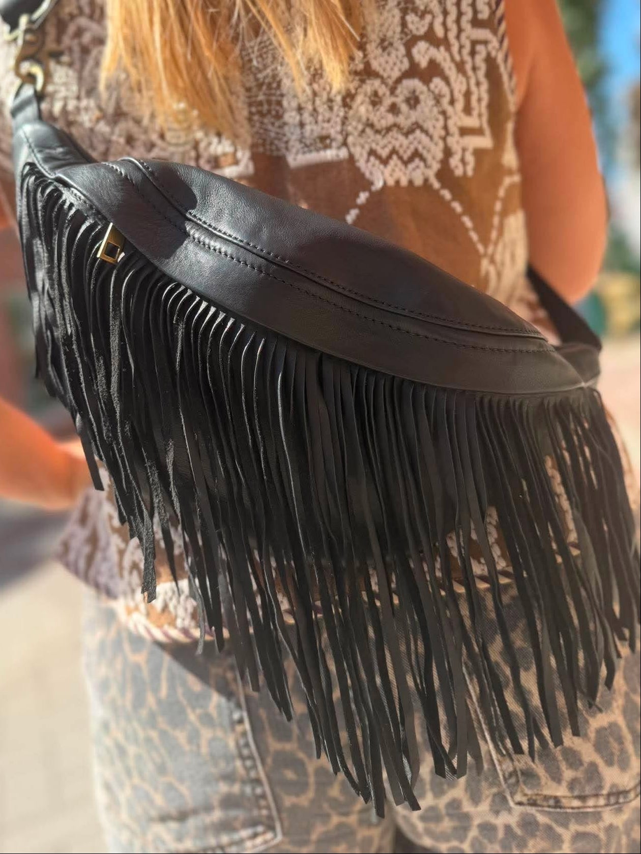 Depeche 16658 bum bag leather fringes black