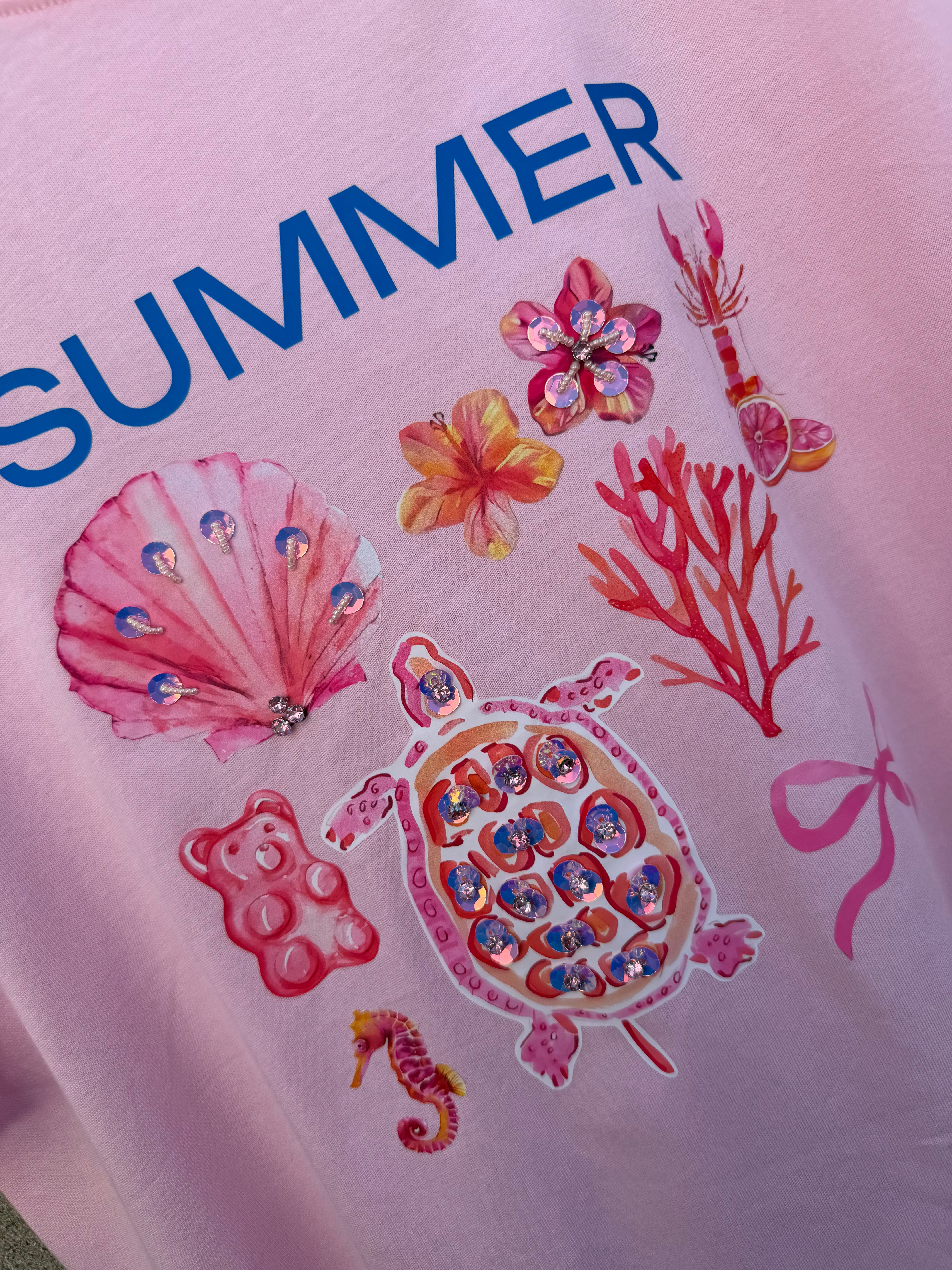Summer T-shirt lobster sequins light pink