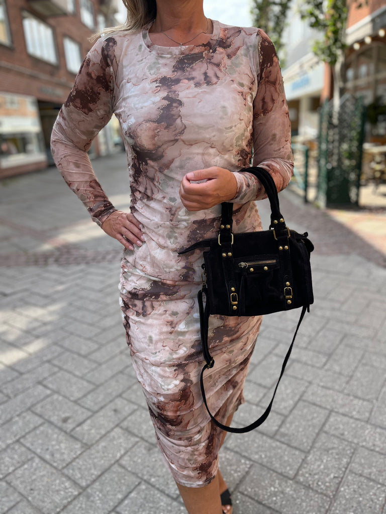 Liberte 22119 mesh long LS dress brown gold